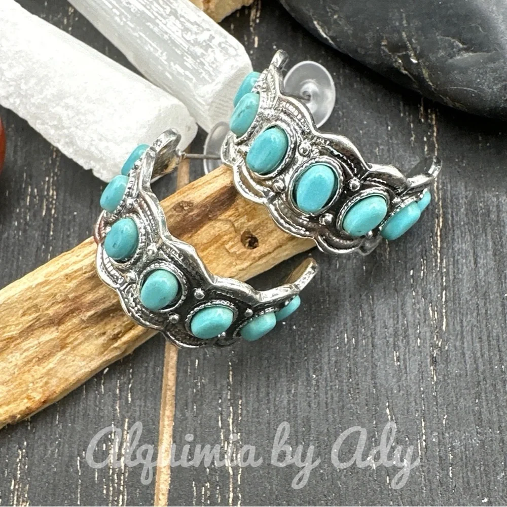 Turquoise hoops western style earrings - Picture 1 of 5
